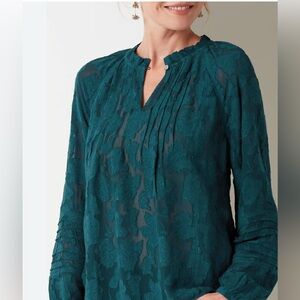 J. Jill Ventana Jacquard Pop Over Teal Lace Blouse Top Size Large Petite EUC